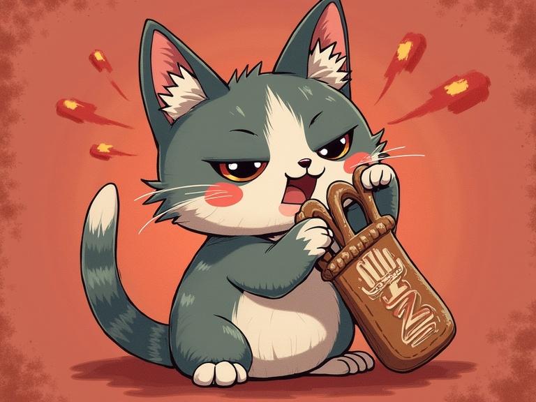 A cartoon-style illustration of a playful gray cat holding a small bag.