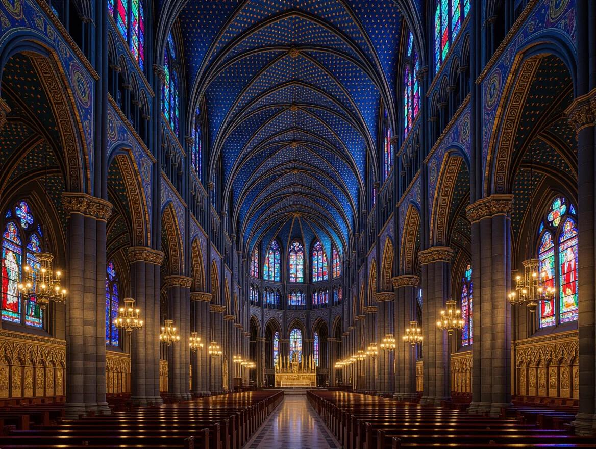 Interior of a majestic cathedral nave adorned with pointillist stained glass windows. Thousands of colored dots create light filtering through medieval glass. Architectural grandeur illustrated by divisionist color theory. The sacred space is interpreted using optical mixing. The image embodies a contemporary study of classical architectural techniques. A masterpiece showcasing religious architecture through pointillism.