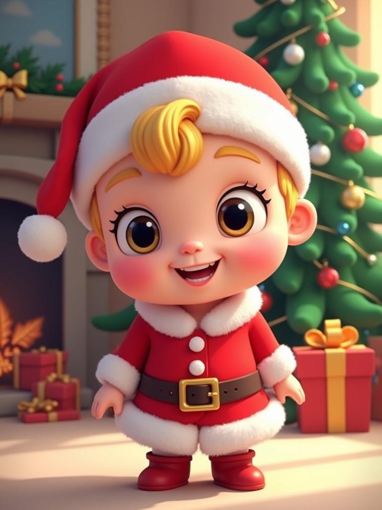 Cartoon baby Santa Claus in a festive environment with Christmas tree. Character shows cheerful expression and wears traditional Santa clothes. Background includes decorated tree and wrapped presents.