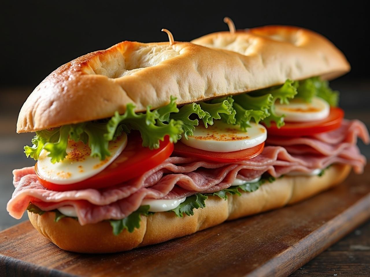 This image showcases a beautifully crafted Ciabatta bread sandwich. The sandwich is filled with layers of pastrami and mozzarella cheese, along with fresh slices of tomatoes and crisp iceberg lettuce. A spread of mayonnaise adds a creamy texture, and the presentation highlights the vibrant colors of the ingredients. It's an ultra-realistic representation that captures the deliciousness of this gourmet sandwich. Ideal for food lovers and culinary enthusiasts alike.