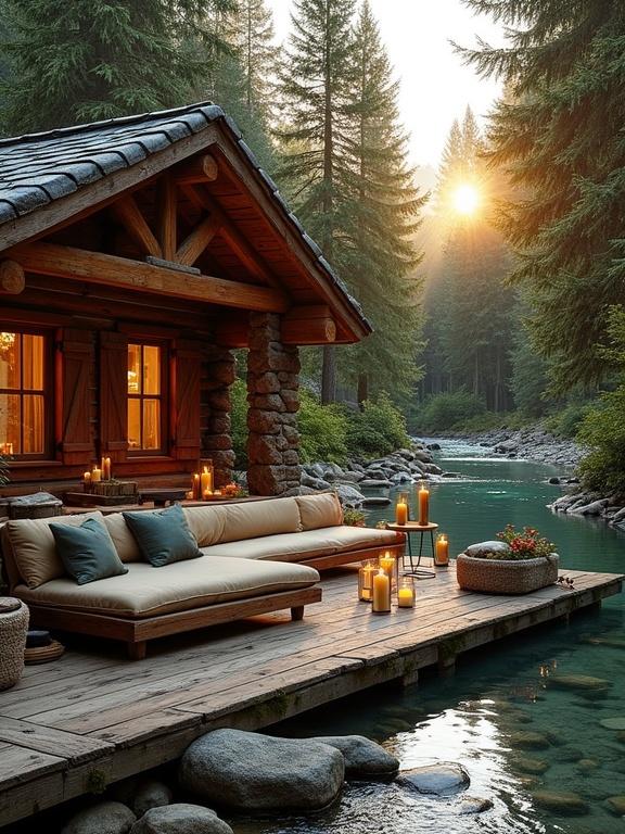 Serene forest cabin retreat beside a crystal-clear stream. Rustic charm with a cozy outdoor lounge area. Welcoming atmosphere created by candles and natural materials. Lush evergreen trees surround the setting, enhanced by golden sunlight.