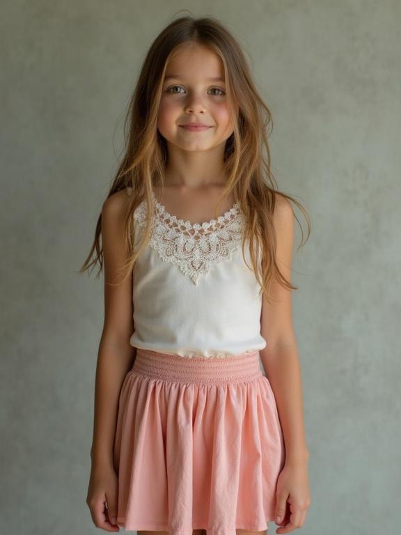 Child in a mini pleated skirt paired with a lace-trimmed cami. Outfit suitable for casual wear and spring season. Light background enhances the clothing features.