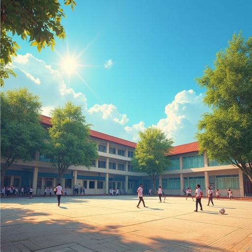 A warm day in an inner city secondary school in Mandalay, Myanmar. Students play football on a concrete playground. Light breeze moves through trees. Bright sun shines in clear blue sky.