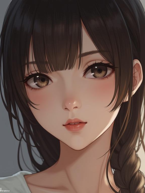 Close-up illustration of a young girl. She has a long braid. The image showcases soft lighting on her skin and clothing. Neutral background complements the subject. High level of detail in the artistic style.