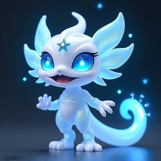 Design a fantasy cartoon-style monster toy. The Glimmer Sprite is a nimble creature of the Tribe of Light with a translucent body and glowing blue eyes. Includes a serpentine light-whip. Features wing-like appendages that become dagger-blades. Has a comet tiara. Use a glossy PVC style.