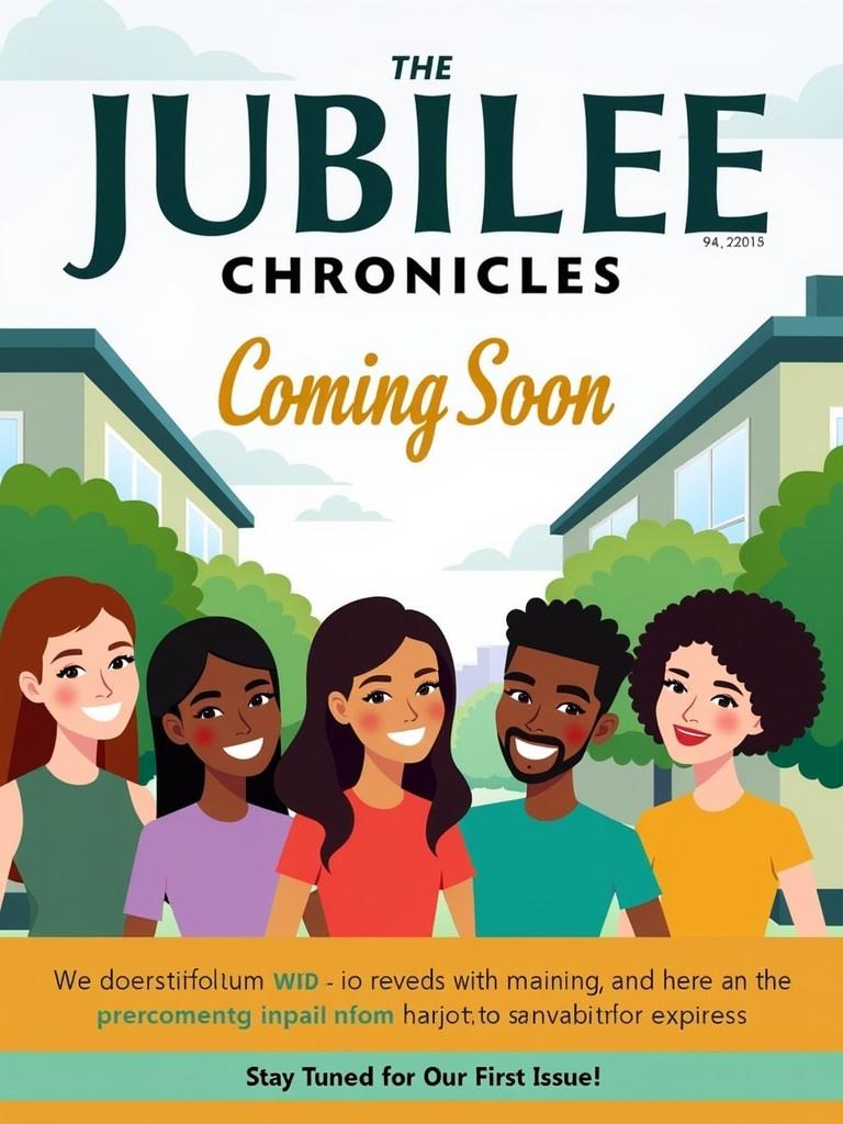 Vibrant magazine cover page titled 'The Jubilee Chronicles' in bold. Announcement stating 'Coming Soon' using clean typography. Illustration of diverse happy apartment residents showing unity. Background contains greenery and modern buildings. Bright colors create a welcoming atmosphere. Smaller text at the bottom indicates 'Stay Tuned for Our First Issue!' Bilingual elements are present.