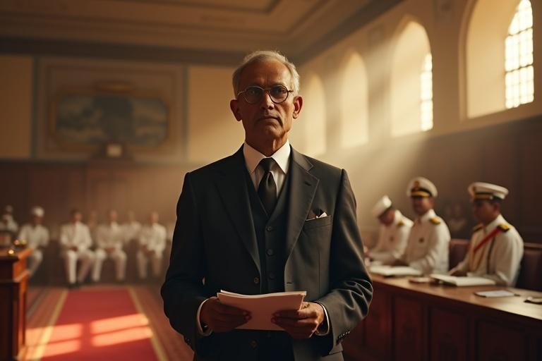 Ultra-realistic scene in early 20th-century colonial India. Grand British courtroom. Young Dr. B.R. Ambedkar stands in formal suit. Holding documents. Serious expression. British officers in white uniforms in background. Traditional attire of Indian elites. Bright sunlight beams through windows. Wooden paneling and vintage furniture. Dust particles in the light. Emotional historical atmosphere. 16:9 aspect ratio.