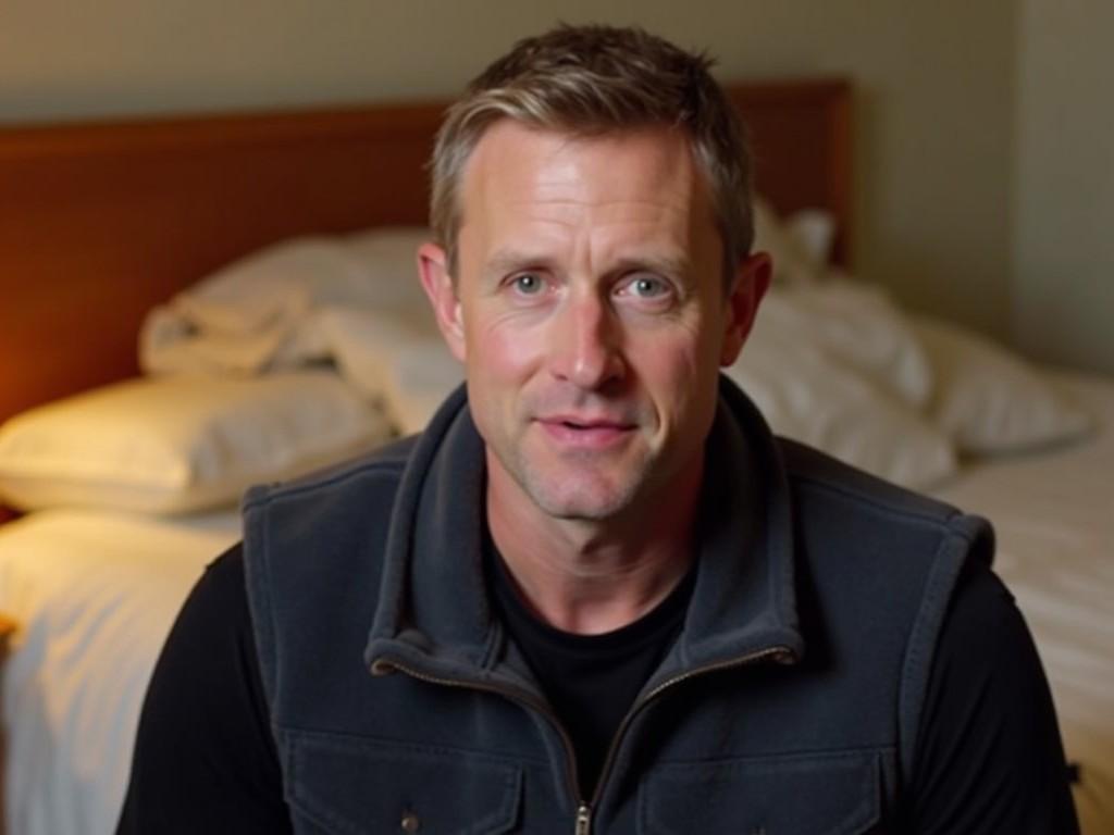 The image shows a person sitting in a room with a slight neutral expression on their face. They are wearing a dark fleece vest over a black shirt. The background features a bed with some bedding visible, suggesting a home setting. The lighting is warm, creating a cozy atmosphere. The person has short hair and is looking directly at the camera. There are no other notable objects or distractions in the immediate vicinity.