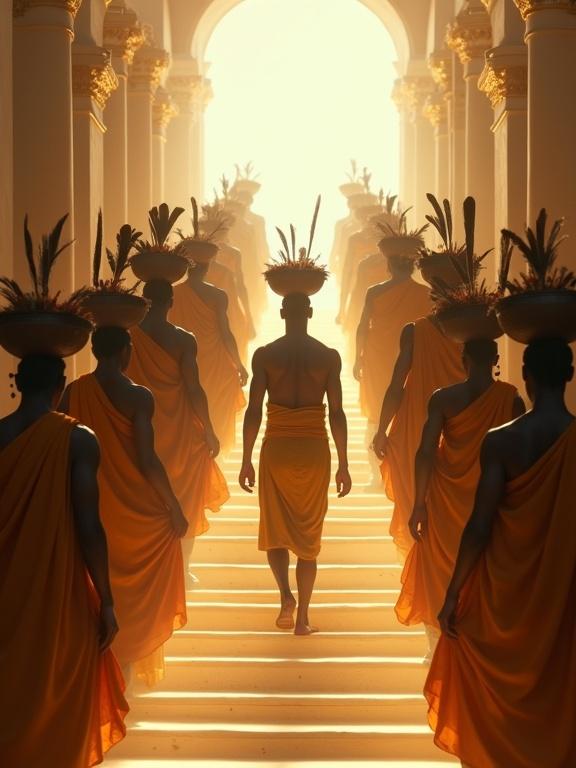 A solemn procession ascends a luminous staircase toward the divine. Majestic Orixás wear elaborate robes and carry offerings on their heads. Exu walks among them with a proud and open posture. The staircase glows with soft white and golden light, symbolizing ascent. The atmosphere is solemn and transcendent.