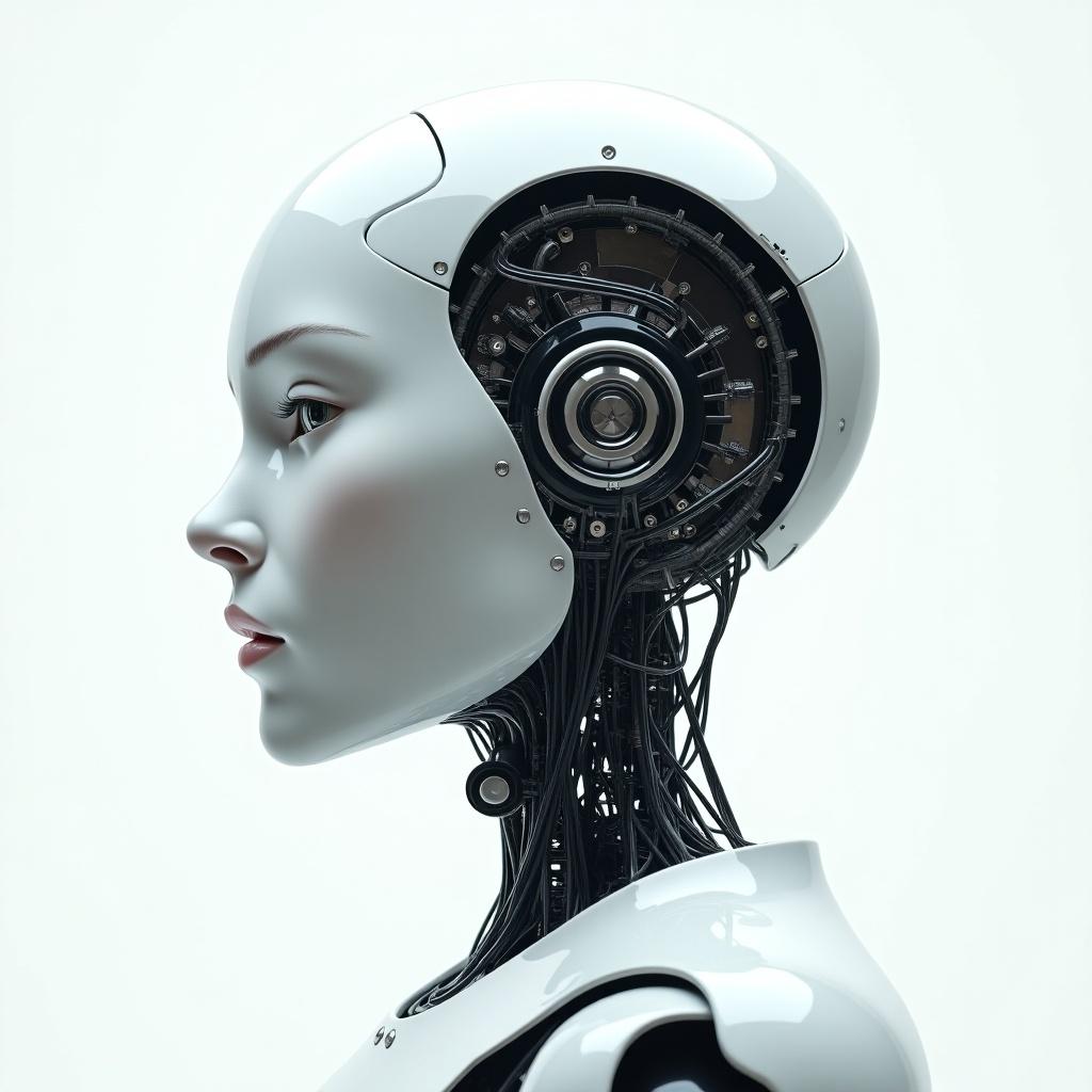 Profile view of a humanoid robot with sleek white exterior. Inner circuitry details are visible.