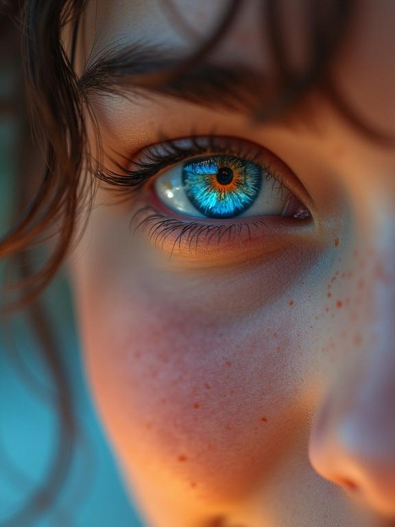 Extreme close-up of a synthetic eye with detailed features. Brightly colored iris resembles a camera lens. Realistic skin tones with freckles. Soft lighting enhancing the synthetic eye's glow. Shallow depth of field. Cyberpunk style.