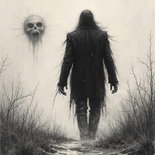 Surrealistic sketch of a man in a dark coat standing in fog. Background features a large skull.