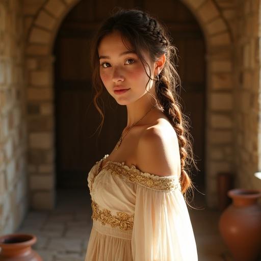 A woman with an elegant medieval gown stands in a warmly lit stone cottage. The gown is richly embroidered with delicate details. Soft fabrics flow gently. She exudes warmth and quiet confidence. The environment includes rustic elements and a cozy charm. A perfect blend of historical elegance and artistic beauty is showcased.