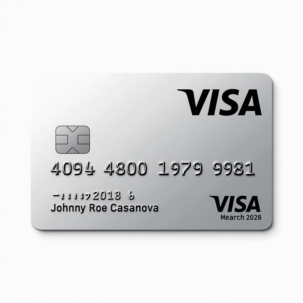 Realistic image of a credit card showcasing distinct details. Card displays Visa logo. Number 4098480019798981 visible below logo. Cardholder name Johnny Roe Casanova aligned accurately. Expiry date March 2029 noted at bottom. Clean appearance with silver background and bold black font.