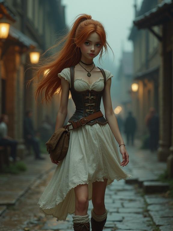 Photorealistic image of a sad teenage girl with long auburn hair in a medieval city at night. She wears a sleeveless white corset dress over traveling boots and knee socks. A cloth satchel hangs at her waist. The scene is moody with soft lighting and a narrow street. The girl's vibrant green eyes and pale skin contrast with her auburn hair and the surroundings.