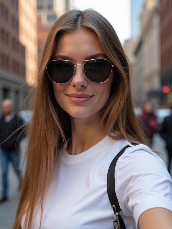 Ultra-photorealistic selfie in New York. Beautiful young Swedish woman with long light brown hair. She wears a white Adidas t-shirt and sunglasses. Appears with a subtle smile. Subtle makeup enhances natural features. Background blurred with other people.