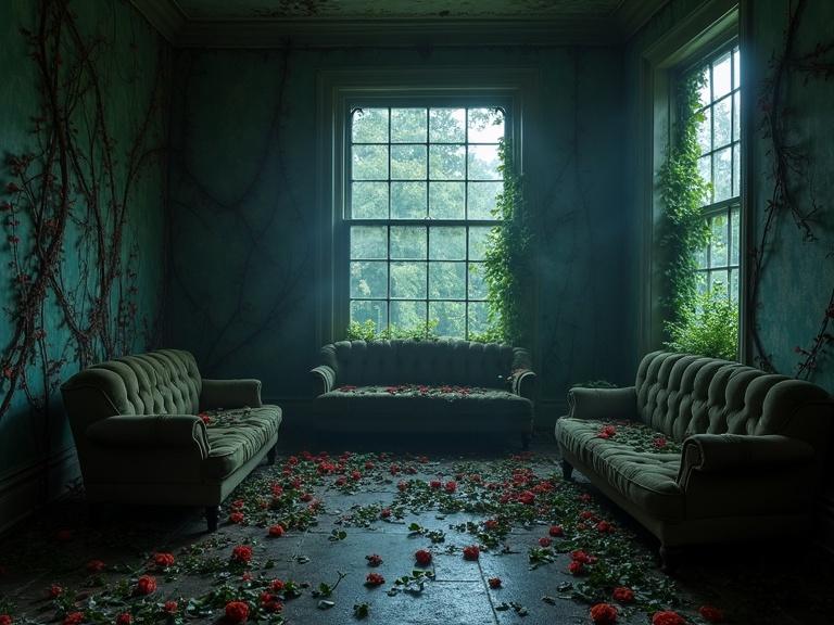 A gloomy abandoned mansion filled with dark green walls and vintage furniture. Vines covered in blooming roses overtake the space. The ambiance is eerie and cinematic with fog and dim lighting.