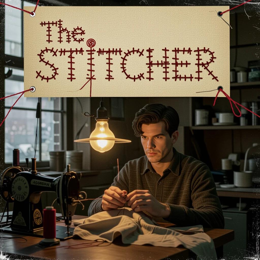 Movie poster for The Stitcher features the title in sewn-thread font on a canvas. Ben Whishaw stitches something monstrous in a grimy tailor's shop under a hanging bulb. High-grain shadowbox lighting with amber highlights.