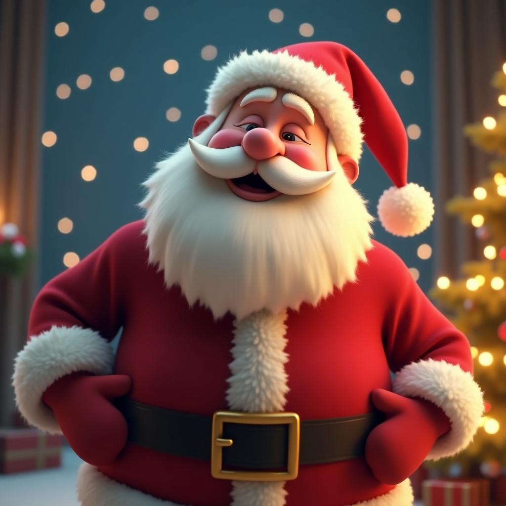 Animated GIF of Santa Claus with a playful kissing motion. Santa leans forward slightly, puckering lips exaggeratedly, blowing a comedic kiss. Rosy cheeks glow with holiday cheer. Background features twinkling Christmas lights, softly falling snowflakes, glowing Christmas tree. Classic red suit highlights Santa's charm. Smooth animation emphasizes kissing action for joyful effect.