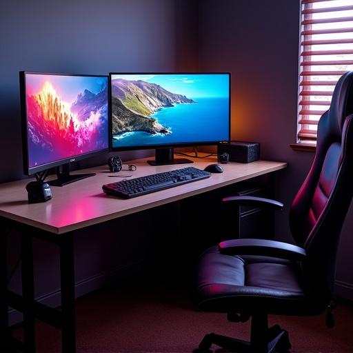 Gaming desk with dual monitors. Ergonomic chair positioned at the desk. Ambient lighting creates a cozy atmosphere. Clean and modern workspace for gaming or work.