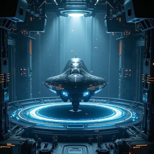 Cinematic futuristic launch cabin in 2055 featuring an Ark Starship with a titanium alloy hull on an anti-gravity platform. Holographic projection navigation ring rotates. Nano-coating on spacecraft glows with ionized blue light. Dark energy engine emits pulse light. Automated dark hangar background with robotic arms and holographic data streams. Circular light strip projects cold light. Cyberpunk aesthetics and NASA-Punk design elements.