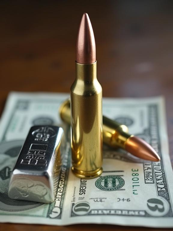 An image features silver bullets with dollars underneath silver bars positioned beside them. Attention on golden bullet upright.