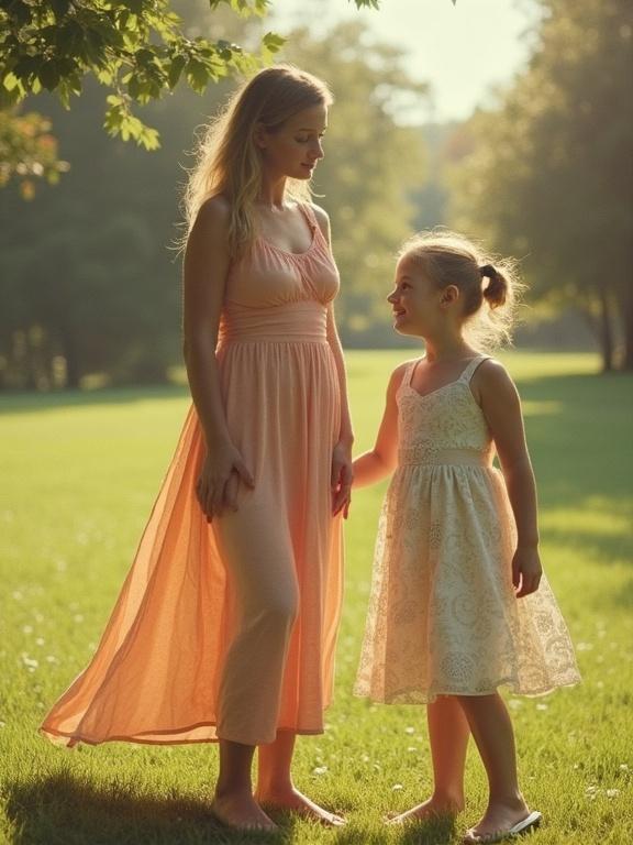 Photo of mother and daughter standing outdoors in sundresses. Mother in long peach dress and daughter in white lace dress. Scene captured in low resolution with soft focus and vibrant colors.