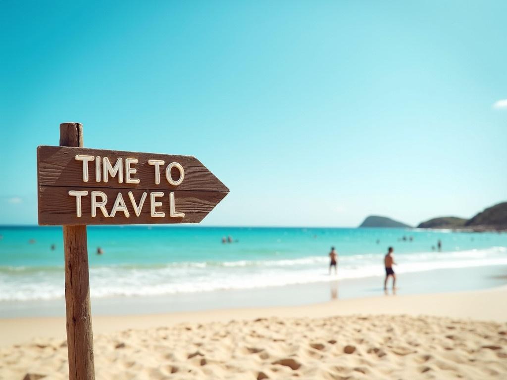 Create an image of a direction indicator that reads "TIME TO TRAVEL" in bold letters. The sign should be rustic, made of aged wood, and positioned on a sandy beach. In the background, depict a clear blue sky and gentle waves lapping at the shore. The overall scene should evoke a sense of adventure and relaxation, inviting viewers to explore new places. Add a few distant figures enjoying the beach to enhance the lively atmosphere.