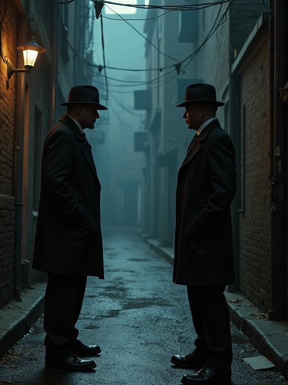 A private detective interrogates a villain in a narrow alley. The scene features a foggy atmosphere with dim street lighting. Two men stand facing each other, dressed in formal attire. The setting conveys a sense of mystery and tension.