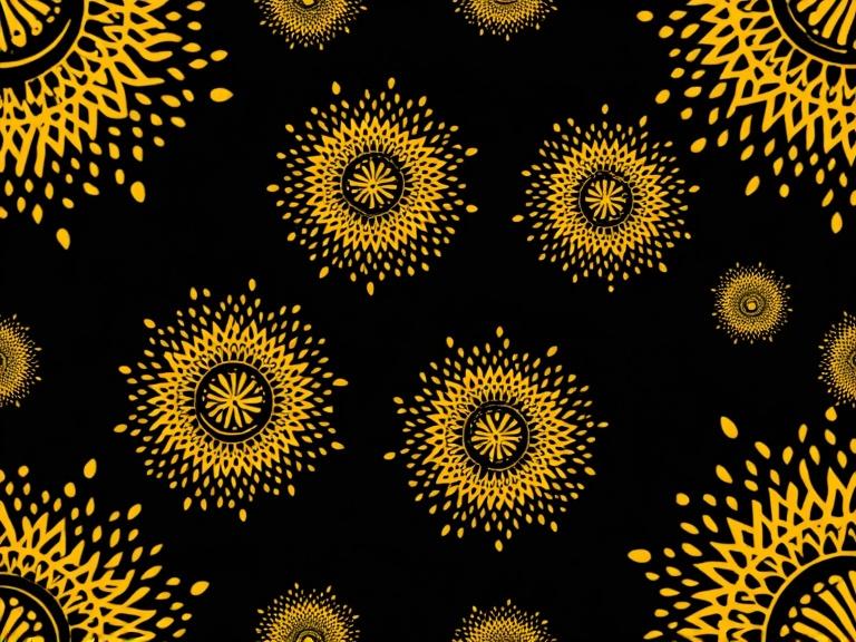 Seamless yellow mehndi pattern on a black background features intricate floral designs.