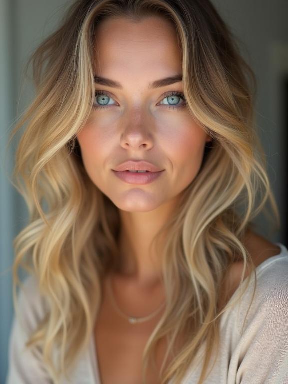Close-up portrait of a person. Long wavy blonde hair. Large expressive blue eyes. Full pink lips. Smooth and glowing skin. Wearing a light-colored deep v neck crop top. Soft diffused lighting. Blurred neutral background. Calm and confident expression.