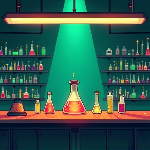 A stylized cartoon science lab with glowing tubes and a central containment tank. Beakers in neon green and orange. Minimal retro-futurism with a symmetrical table setup. Overhead tubes provide glowing light.