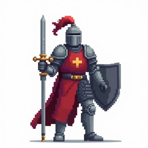 A knighthood figure stands ready for battle. Turns towards the right while holding a sword and shield. Pixel art style with 128x128 resolution.