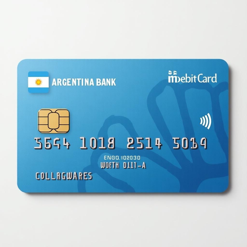 Image features a debit card design from Argentina Bank. Card exhibits blue color with a chip. Text includes bank name and card number. Suitable for financial topics.