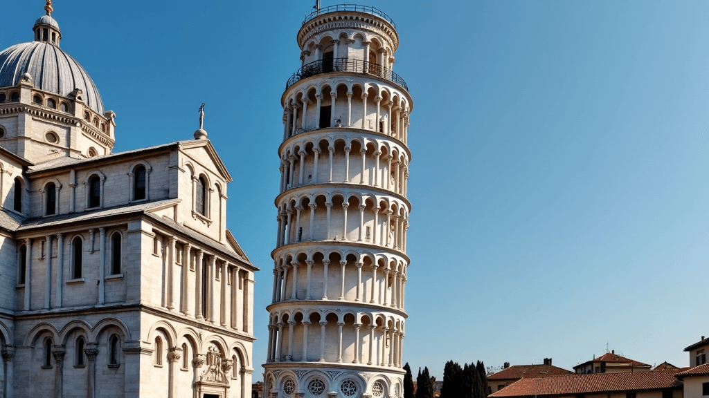 A view of the Leaning Tower of Pisa, with its distinct tilt, adjacent to the Pisa Cathedral under a clear blue sky.