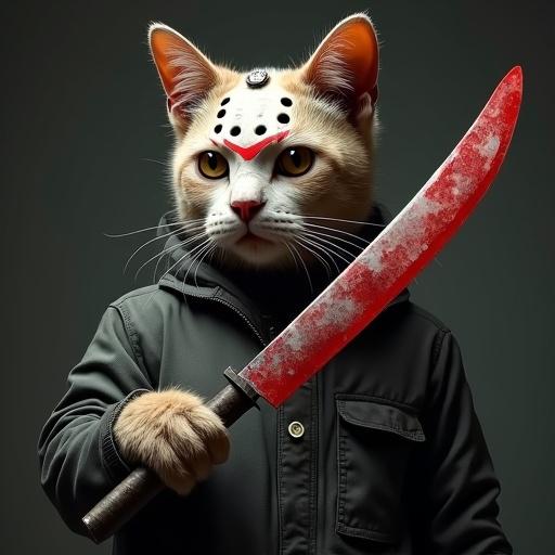 A hyper-realistic image of a cat wearing a hockey mask. The cat is holding a blood-stained machete in its right hand. The artwork evokes the vibe of 80's horror movies.