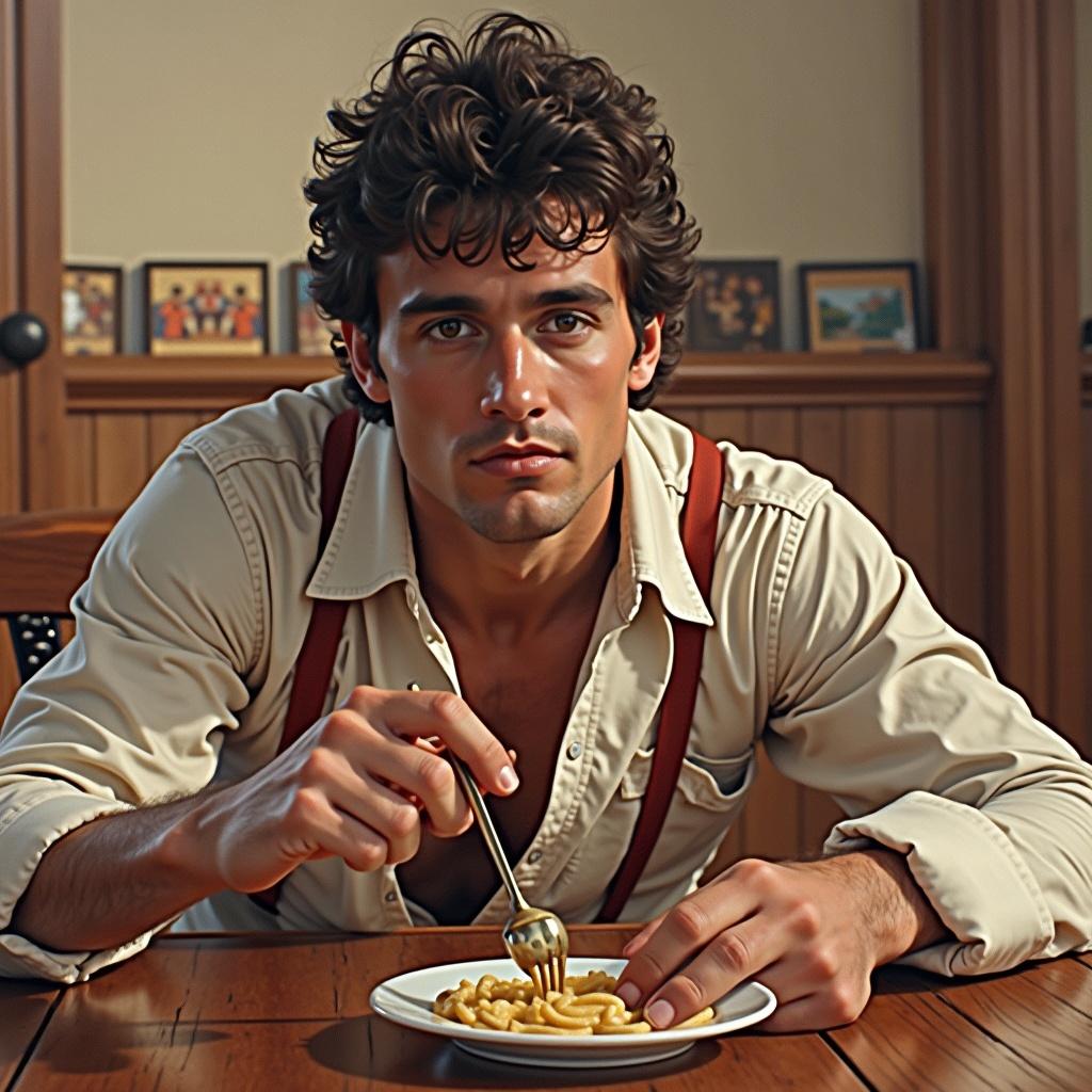 The image depicts a young man sitting at a wooden dining table. He has curly hair and is wearing a light-colored shirt with suspenders. In front of him is a plate of pasta, and he holds a fork ready to eat. The setting has a warm, homely feel, enhanced by soft natural lighting. This scene captures a moment of casual dining that evokes a sense of comfort and enjoyment.