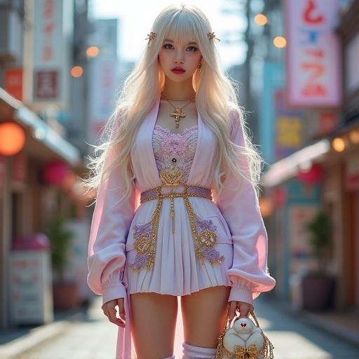 Full-body portrait of a stylish young woman with long platinum blonde hair with pastel pink and lavender streaks wearing elegant medieval-inspired fashion. Her luminous skin and light blue eyes create a captivating expression. The outfit blends modern street style with royal elements including a pastel oversized hoodie and embroidered high-low skirt. She wears striped thigh-high socks with platform shoes and displays ornate jewelry. Set in a vibrant urban street in Harajuku with colorful shopfronts and soft background lighting.