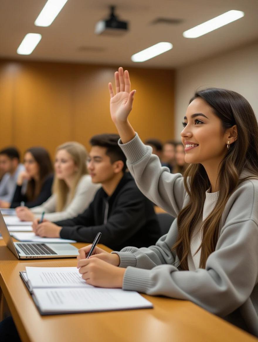 A university lecture hall with students. Focus on a young woman raising her hand. Bright projector light lights the clean space. Students taking notes or typing. Soft cinematic lighting with a shallow depth of field.