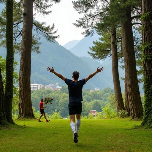 Soccer player celebrating victory on a field surrounded by tall trees. Forest scene shows tall trees with moss-covered trunks. Man jumps in the air with a skateboard. Background includes urban rooftops and mountains.