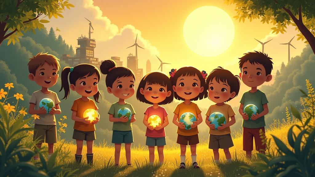 Illustration showing diverse children smiling together. Each child holds a glowing globe symbolizing hope. The background features a lush, sustainable city with greenery and renewable energy sources. Warm sunlight creates a golden atmosphere.