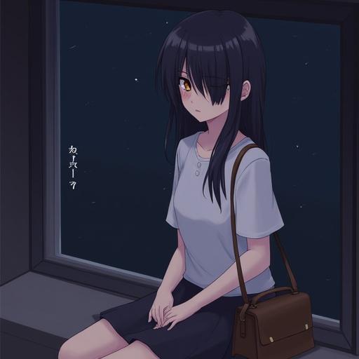 Anime girl with black hair and hair over one eye. She is sitting near a window at night, looking at the viewer with a slight blush. She wears a casual white shirt and a skirt, has a bag, and shows bags under her eyes.