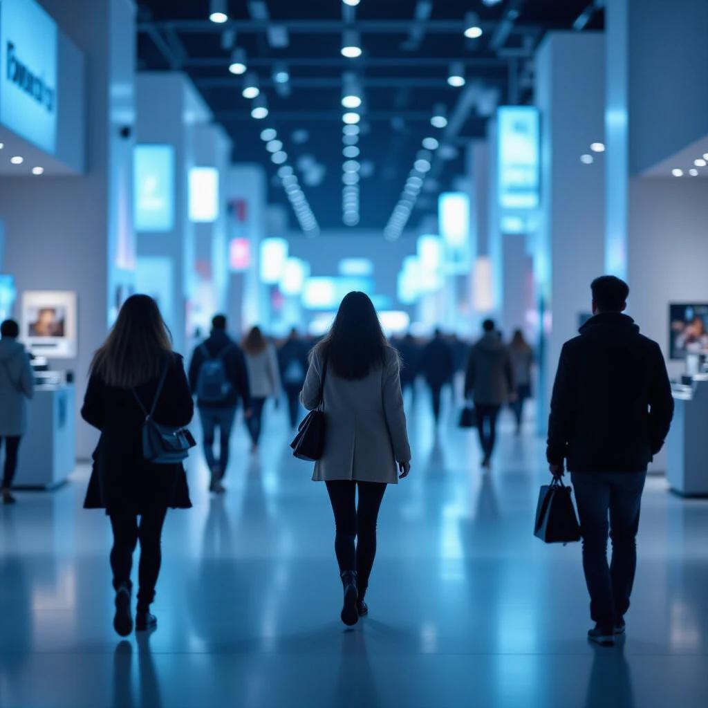 Modern exhibition space illuminated by bright white lights. Silhouetted people walking with blurred movements in a cinematic atmosphere. Space filled with elements of digital printing, showcasing the environment.
