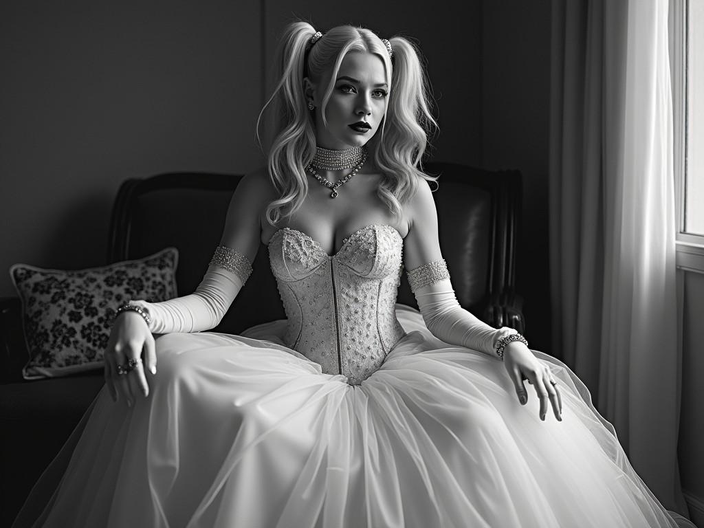 A gothic-themed glamorous portrait of a woman in vintage bridal attire, black and white, soft lighting, dramatic setting.