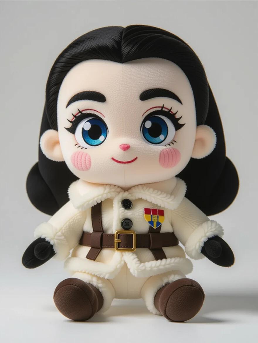 Disney 3D plushie design. Character in white hoodie. Soft shadows on a white background. Character has an adorable style. Appealing design for fans.