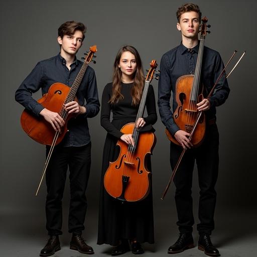 Three musicians stand in a studio. One holds an electric guitar. One holds a bass guitar. One holds a cello. Simple background. Black and grey colors dominate. Creative group portrait.