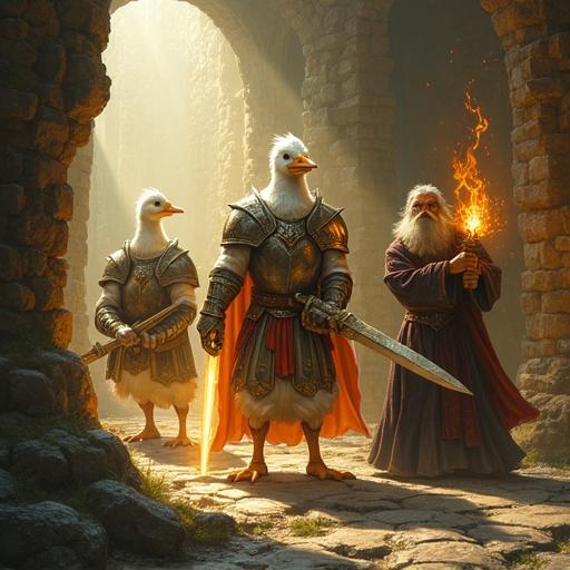 Epic fantasy scene featuring anthropomorphic adventurers in an ancient glowing dungeon. A cleric goose in armor with a glowing staff stands tall. A fighter goose holds a massive sword. A rogue goose crouches in shadows with daggers. A wizard goose raises an arcane staff. Ancient stone walls and glowing treasures enrich the scene.