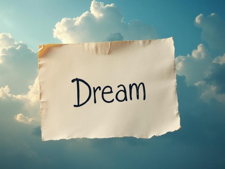 A piece of paper with the word 'Dream' is set against a dreamy sky with soft clouds. The paper appears slightly torn at the edges. The background features a tranquil atmosphere with light clouds and blue skies.