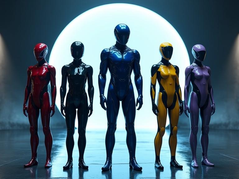 Five young sleek armored figures stand together. The characters wear red, blue, yellow, black, and purple suits. Each suit has a unique design with smooth and curvy lines. The background features a bright oval light that contrasts with the dark setting. The figures have helmets mimicking organic shapes. The lighting creates reflections and enhances their futuristic appearance.