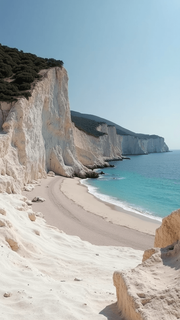 A tranquil beach scene with towering white cliffs, a pristine sandy shore, and clear turquoise waters stretching under a clear blue sky.